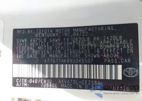 2022 Toyota Camry Se z USA, uszkodzony, nr VIN 4T1G11AK8NU045507